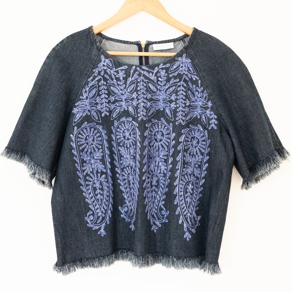 Megan Park Denim Paisley Embroidered Short Sleeve Top